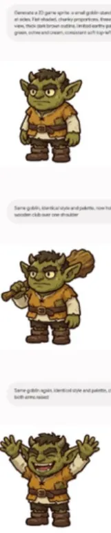 Pixel-art goblin character with a locked style and palette, generated in one consistent session